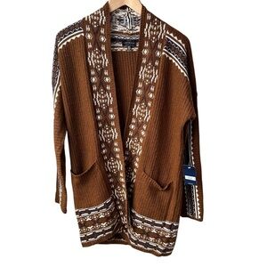 Lucky Brand Aztec Southwestern Open Front Cardigan Brown Medium NWT Boho